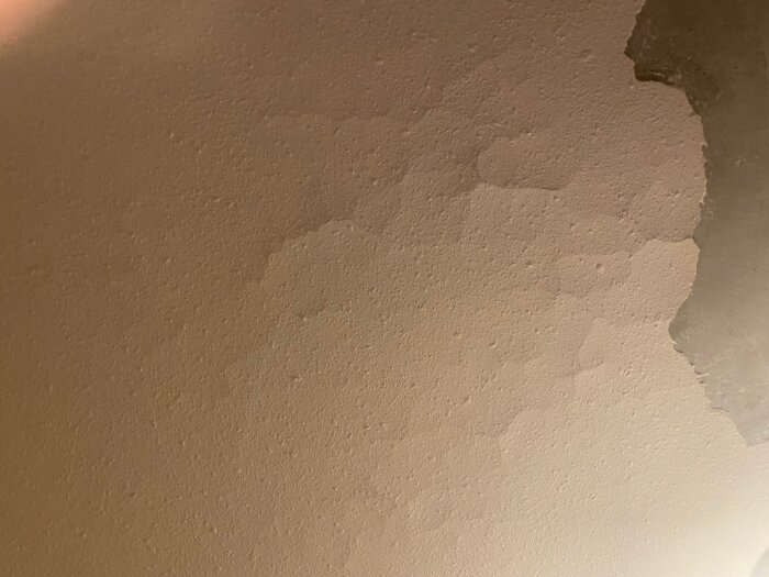 Tak med flagnande puts och sprickor, knottrig yta delvis borta, synlig betong. Möjlig fuktskada övervägs.