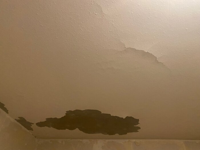Fläckar av vattenskador på ett tak, med mörka och ljusa områden som visar fuktproblem. Skadad färg påväggen är synlig.