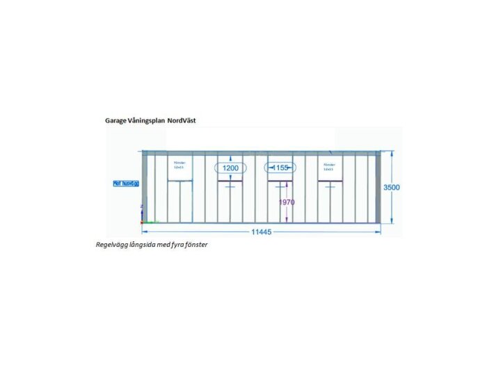 Ritning av garagevägg med fyra fönster, mått angivna 11445 mm längd och 3500 mm höjd, markerar fönsterstorlekar och placering.