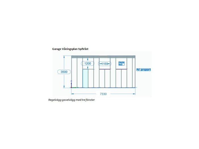 Byggritning av regelvägg på garagegavel med måttangivelser och tre fönster, markerad som "Garage Våningsplan SydVäst".
