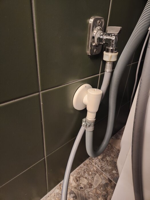 Tvättmaskinsavlopp med grå slang och backventil, monterat på en mörkgrön kakelvägg, placerad cirka 33 cm från golvet.