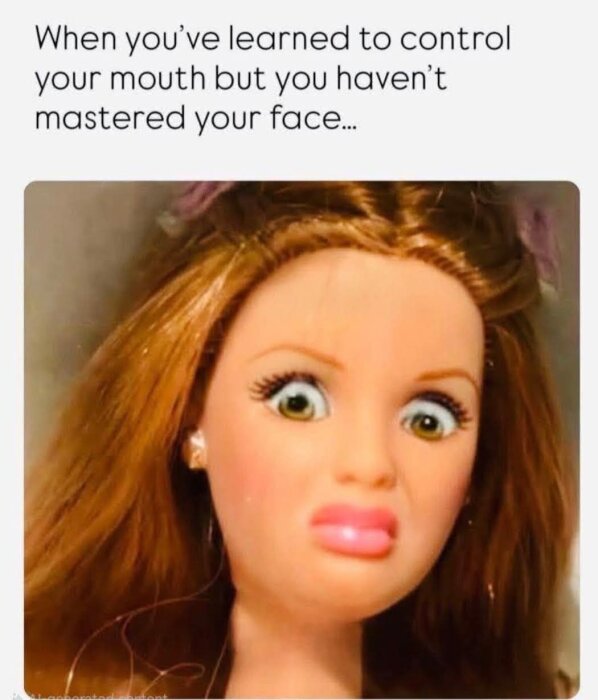 Docka med stort rufsigt hår och förvånad ansiktsuttryck. Text ovan: "When you’ve learned to control your mouth but you haven’t mastered your face.