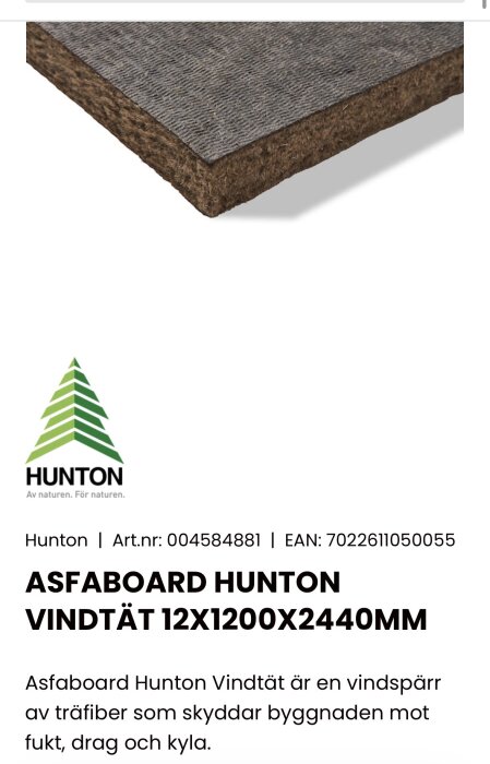 Hunton Asfaboard Vindtät, en brädskiva av träfiber, visas med produktinfo. Används för skydd mot fukt, drag och kyla.