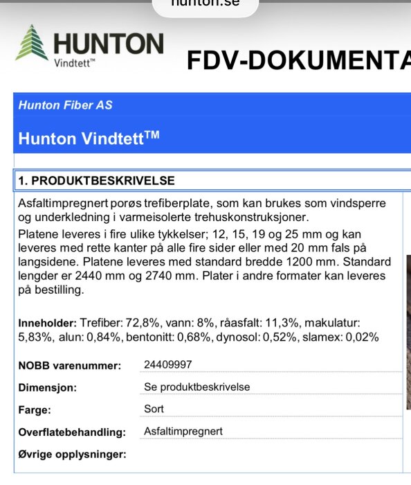 Produktbeskrivning för Hunton Vindtrett™ asfaltimpregnerad trefiberplatta med information om dimensioner, materialinnehåll och färg.