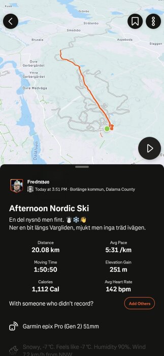 Karta med rutt för längdskidåkning i Borlänge, Dalarna. Distans 20,08 km, medelhastighet 5:31/km, tid 1:50:50, höjdökning 251 m, puls 142 bpm.