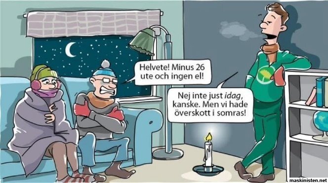 Tecknad bild av tre personer i vinterkläder i ett kallt rum. Textbubblor nämner -26 grader utomhus och brist på el.