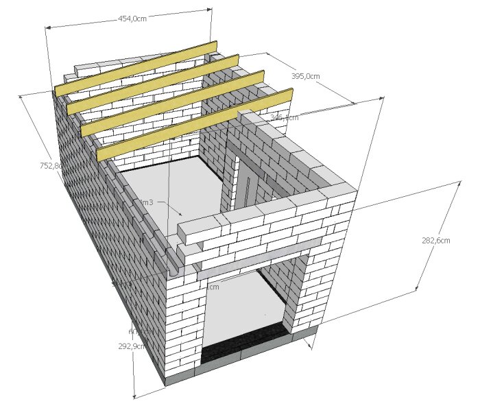 3D-ritning av attefallshus med olika långa limträbalkar och måttangivelser.