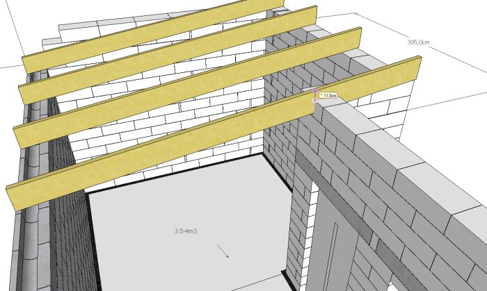Skiss av attefallhus med olika långa limbalkar i bjälklaget, visa måttangivelser och blockväggar, visar problem med takkonstruktionen.