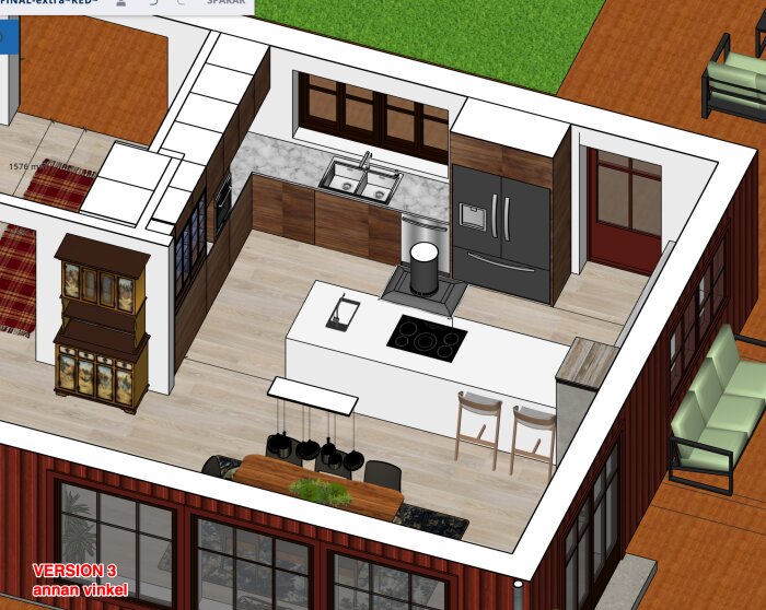 3D-planritning av ett kök i version 3 med en central köksö, spishäll, diskbänk, kylskåp och sittplatser, i anslutning till vardagsrummet.