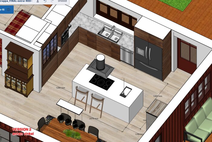 3D-ritning av kök med köksö, inbyggd häll, vask och sittplatser. Kyl, diskho och skåp längs en vägg. Mått på layouten visas. Version 2.