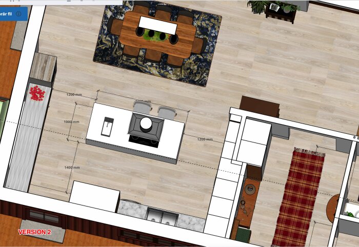 Planritning av version 2, med köksö innehållande häll och vask, stor matplats med bord för åtta, och markerad passage på 1200 mm.