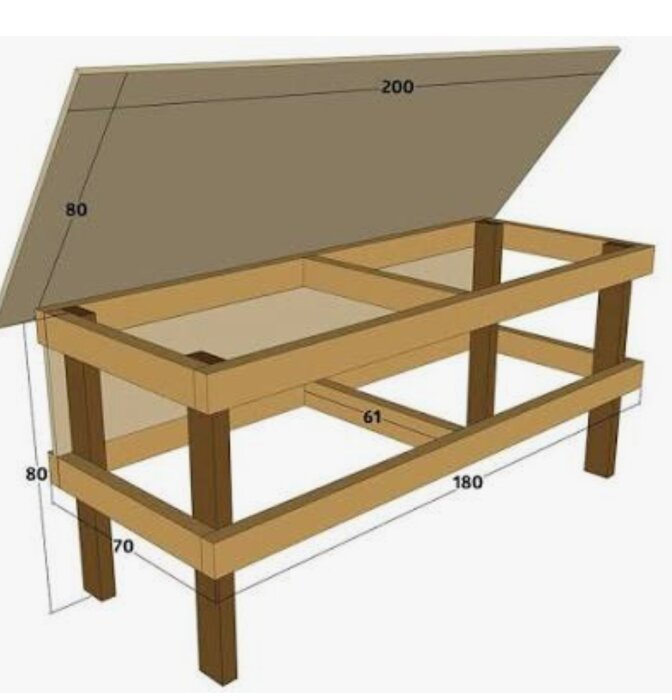 3D-ritning av arbetsbänk i trä med mått. Bänken har fyra ben och två hyllplan. Konstruktionen saknar mittstöd.