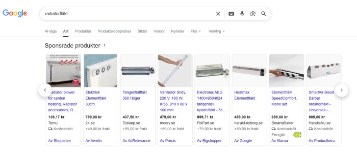 Sökmotorresultat för "radiatorfläkt" med bilder av olika typer av elementfläktar och deras priser från olika återförsäljare.