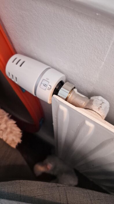 Närbild av ett element med nyinstallerad termostatventil.