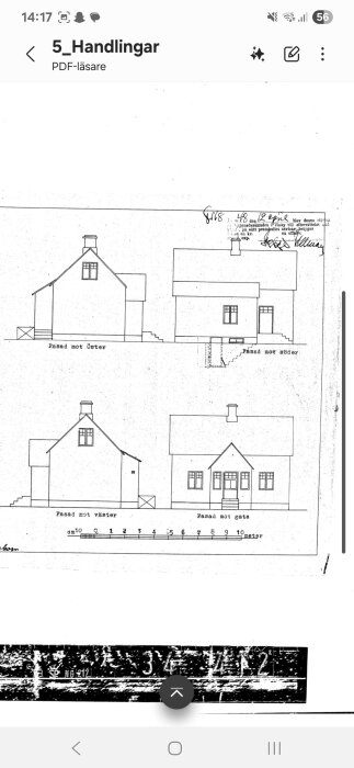 Svartvit arkitektritning av ett hus från 1926 med fasader mot öster, söder, väster och gata, samt text och skala i bilden.
