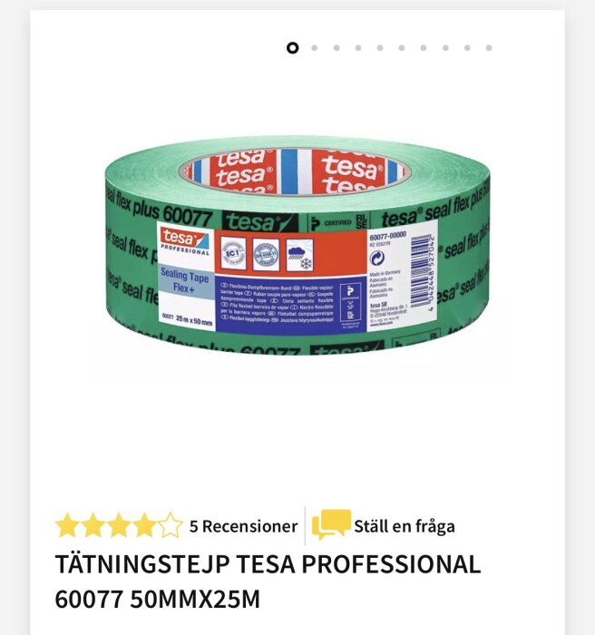 Grön täcktejp Tesa Professional Sealing Tape Flex+ 60077, storlek 50mm x 25m, visas på en produktbild med förpackningsdetaljer och recensioner.