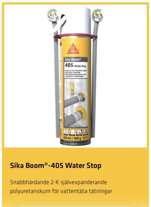 Sika Boom-405 Water Stop polyuretanskum för vattentät tätning, snabbhärdande 2-konponent, med bildinstruktioner på etiketten.