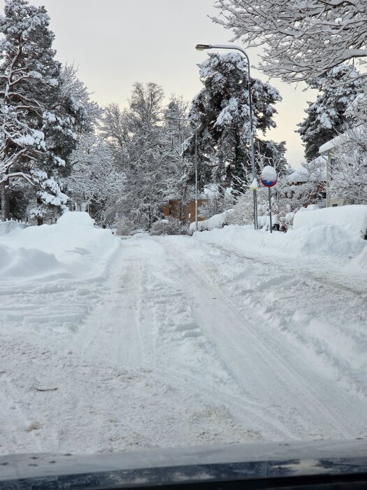 Snötäckt väg kantad av snödrivor och träd, belamrade med snö i ett bostadsområde. En gatulykta och ett trafikmärke syns vid vägkanten.