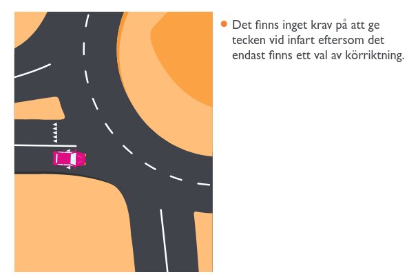 Illustration av bil som kör in i rondell utan blinkers, text beskriver att signal inte krävs vid infart i rondellen.