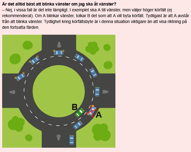 Bild av en rund trafikplats med bilar, visar felaktigt blinkersanvändning. Bil A blinkar vänster, orsakar förvirring för bil B i omkörningsfilen.