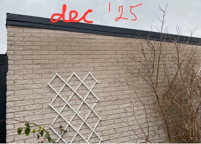 Tegelvägg med svart takplåt och klätterväxtställning, med handskriven text "dec. 25" i rött. Trädet till höger är kalt.