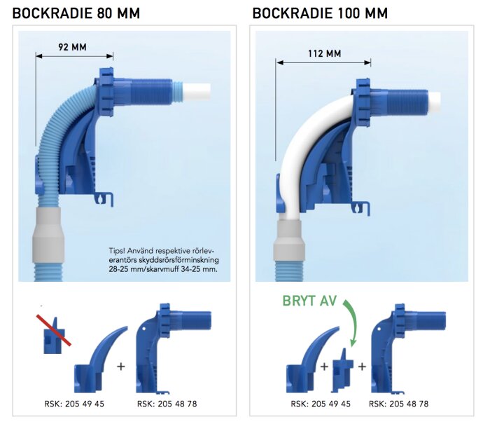 Diagram över bockfixturer för 80 mm och 100 mm med mått och monteringsanvisningar. Visar RSK-nummer och rekommenderad rörböjningsförminskning.