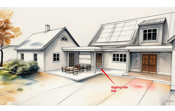 Illustration av ett hus med utgång från kök mot ett altandäck, markerad med en röd pil. Det finns plats för utemöbler, perfekt för morgonsol.