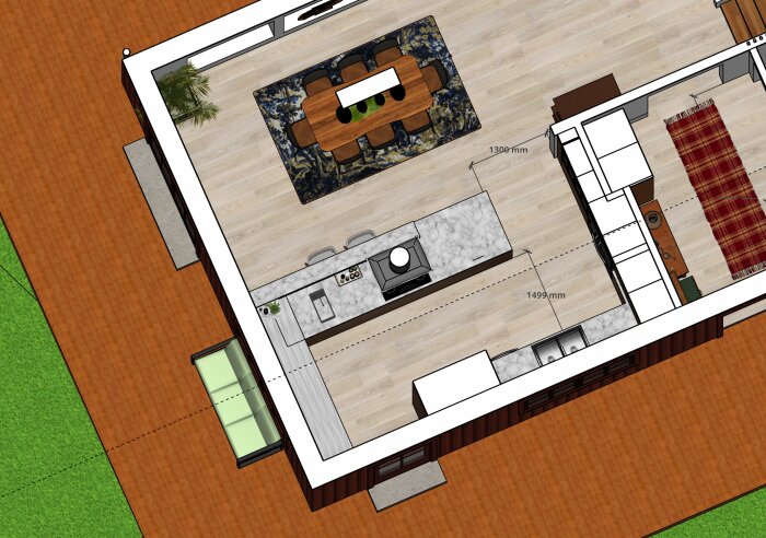 3D-modell av kökslayout med en köksö, spishäll, matbord och måttangivelser. Framtida projektplanering med fokus på flöde och funktion.