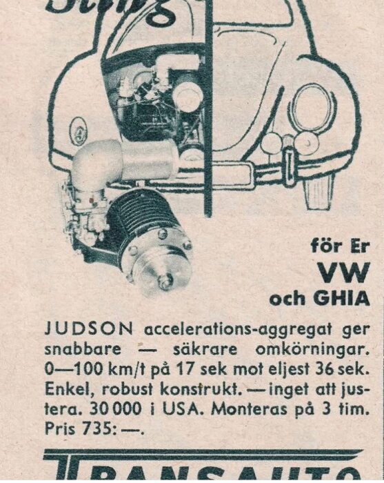 Illustration av en bil med fokus på motorn, reklambild för Judson accelerationsaggregat för Volkswagen och Ghia, med teknisk text och prisinformation.