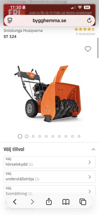 Orange snöslunga av märket Husqvarna ST 124, visas på en produktwebbsida från Bygghemma, med tillvalsval nedanför.