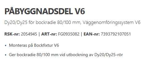 Bild av textdokument som beskriver Påbyggnadsdel V6 för Dy20/Dy25-rör, med RSK-nr 2054945 och ART-nr FG0935082.