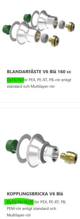 Blandarfäste och kopplingsbricka V6 Blå för PEX, PE-RT, PB-rör, visas med tillbehör som packningar och anslutningar, enligt standard och Multilayer-rör.