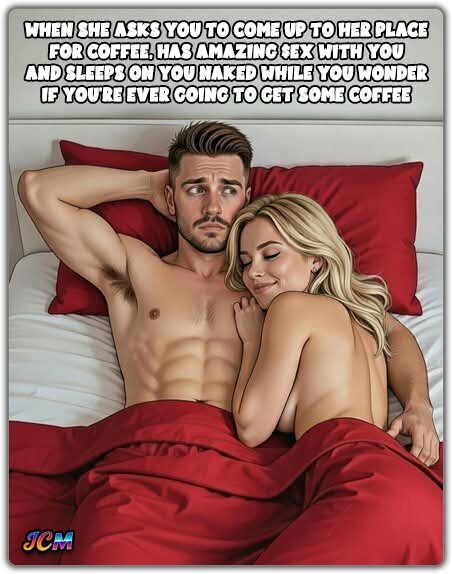 Meme av ett par i en säng, mannen ser förvirrad ut medan kvinnan sover på honom. Text om att bli inbjuden på kaffe men istället ha sex.