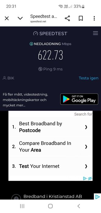 Screenshot av en hastighetstest från Speedtest.net som visar en nedladdningshastighet på 622.73 Mbps och en ping på 9 ms.