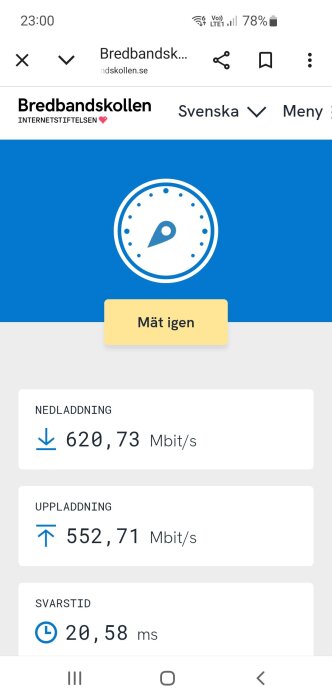 Skärmdump från Bredbandskollen som visar internethastigheter: nedladdning 620,73 Mbit/s, uppladdning 552,71 Mbit/s och svarstid 20,58 ms.