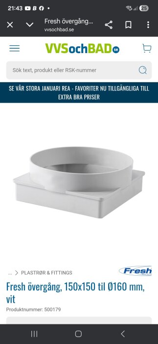 Vit övergång för plaströr, 150x150 mm till Ø160 mm, visas på en webbsida från VVS och BAD. Produktnummer 500179.