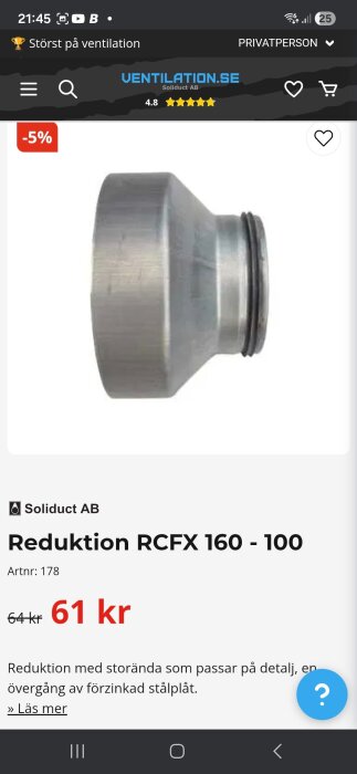 Övergång av förzinkad stålplåt, Reduktion RCFX 160 - 100, pris 61 kr på Ventilation.se.