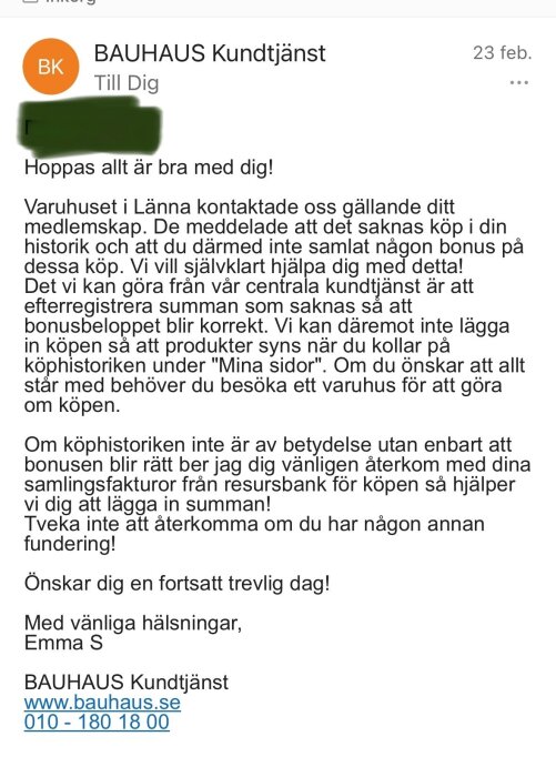 Ett meddelande från BAUHAUS kundtjänst om problem med bonus och köphistorik, skickat av Emma S, med kundtjänstkontaktuppgifter.