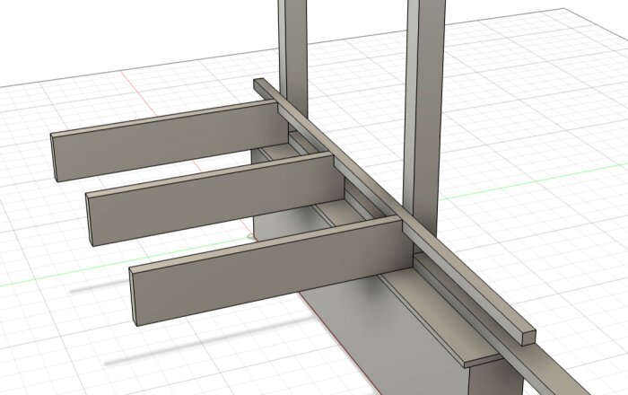 3D-modell av byggkonstruktion som visar bjälklag med stående reglar och golvåsar, sett från sidan.