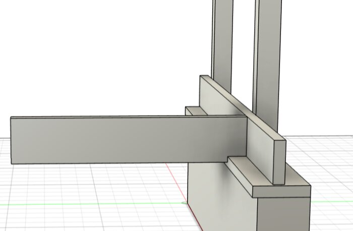 3D-modell av ett bjälklag där en tvärgående golvås fästs med stödstrukturer, inklusive golvregel, syll och stående reglar.