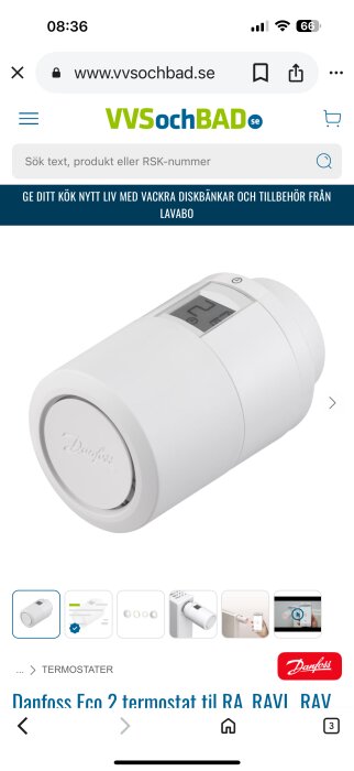 Danfoss Eco 2 Bluetooth-termostat med digital display, vit cylindrisk design, från en onlinebutik.