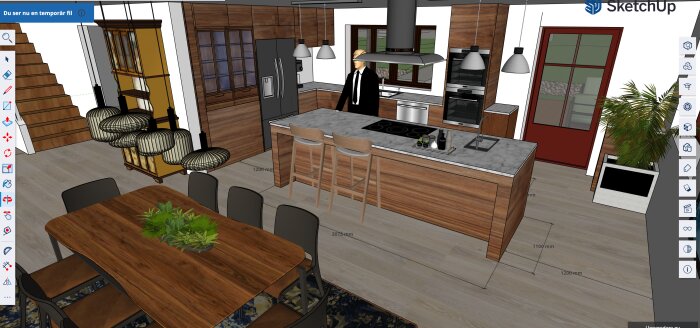 3D-modell av ett kök med träinredning, centralt köksö med barstolar och köksapparater. Det finns en matplats och växter i rummet.