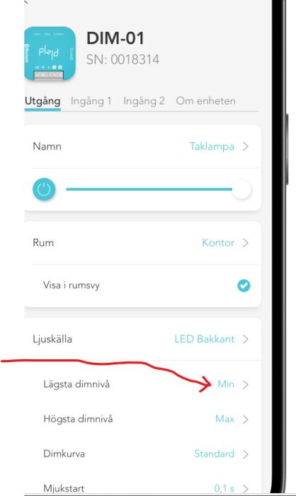 Plejds appgränssnitt för dimmerinställning med skjutreglage och markerad inställning för lägsta dimnivå.
