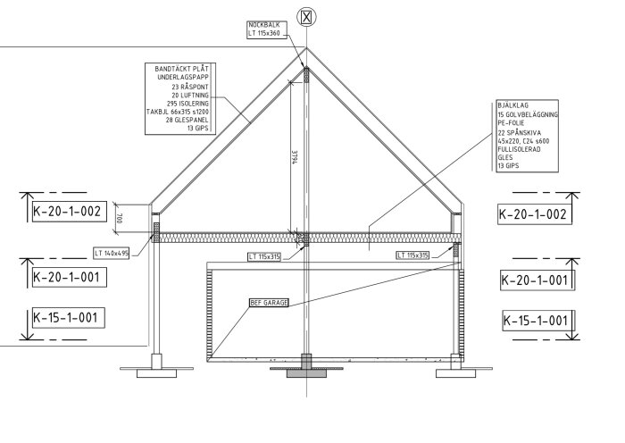 Byggnadsritning av taklyft för 70-talsvilla med sadeltak och inredd vind inkluderande garage; detaljer om bjälklag och bärande element.