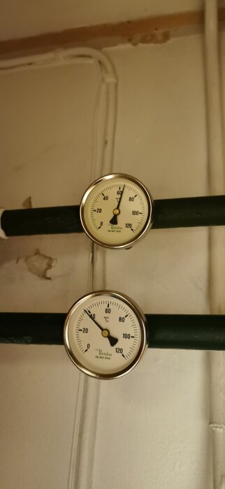 Två termometrar monterade på gröna rör visar temperaturer på cirka 60°C respektive 40°C.
