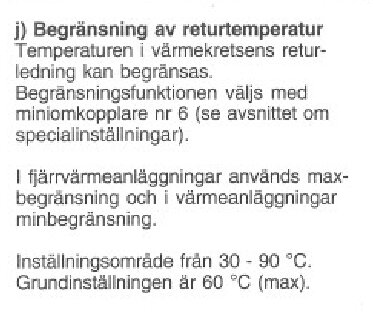 Textdokument om begränsning av returtemperatur i värmesystem, beskriver inställningsområden och installation.