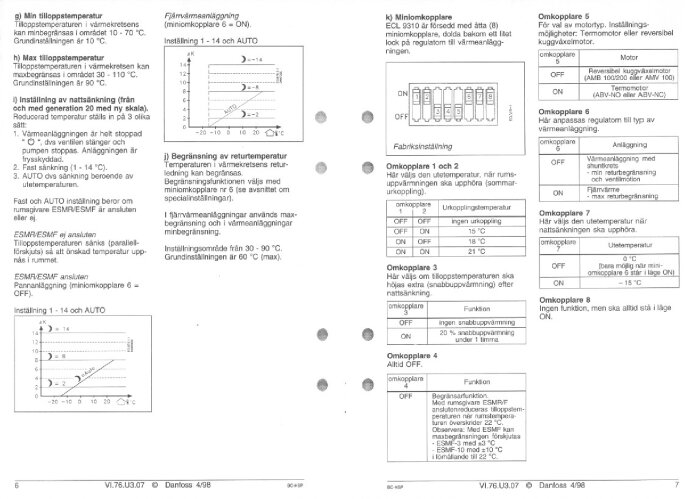 Manual för värmeanläggningar med instruktioner och diagram för inställning av min- och max-tilloppstemperatur, nattsänkning, returreduktion, och minikomkopplare.
