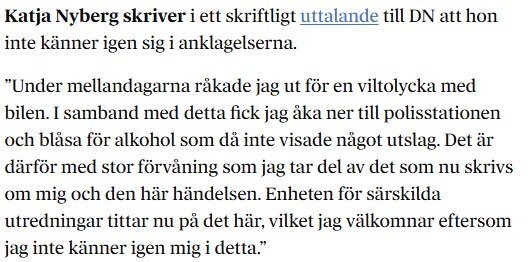 En kvinna i text som förklarar sin oskuld i samband med en trafikolycka, uttrycker förvåning över anklagelserna mot henne.