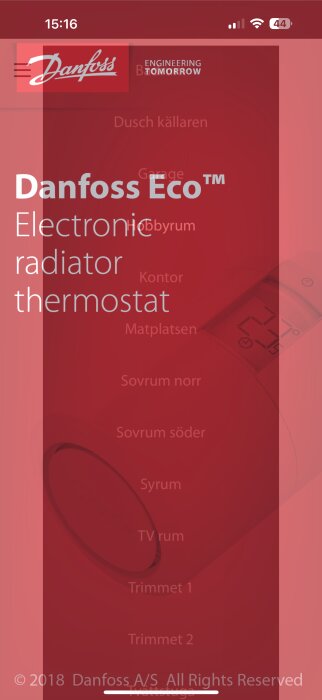 Danfoss Eco™ elektronisk radiator-termostat på en mobilskärm, visar temperaturhantering för olika rum.