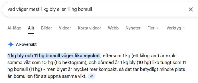 Sökmotorfråga om vikten av 1 kg bly jämfört med 11 hg bomull, med AI-genererat svar som beskriver att de väger lika mycket och förklarar densitetsskillnaden.